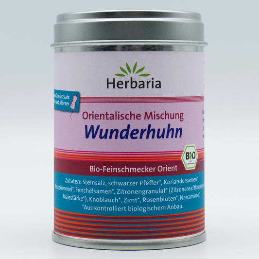 Herbaria Wunderhuhn bio 80g M-Dose – fertiges Bio-Gewürzsalz für orientalische Hähnchen- & Geflügelgerichte und Kaninchen – auch für vegane Alternativen – in nachhaltiger Aromaschutz-Dose